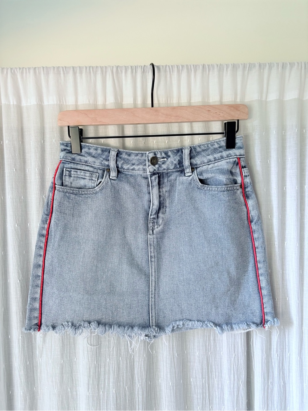 PacSun Light Wash Denim Mini Skirt with Red Side Piping